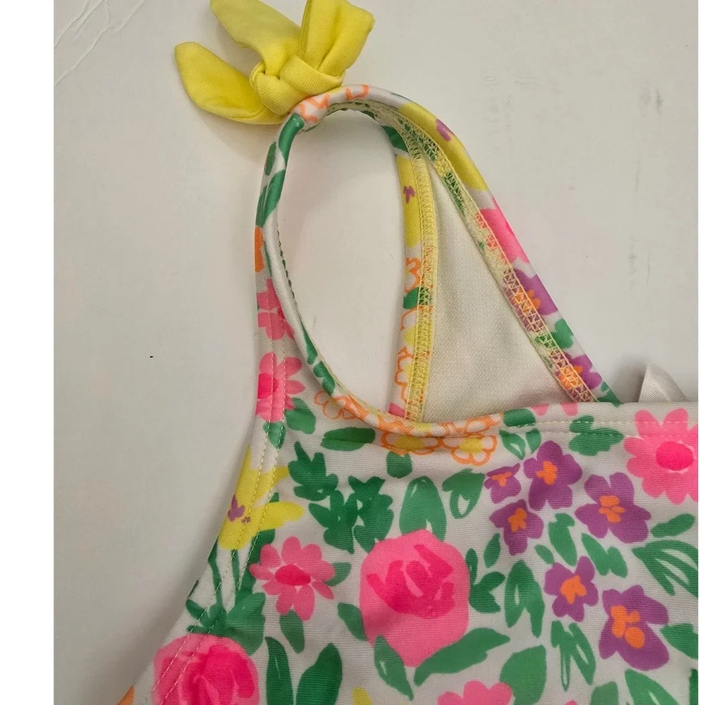 Cat & Jack Girls Floral One Piece Swimsuit Size L 10/12 UPF 50+ Pink Yellow NWT
